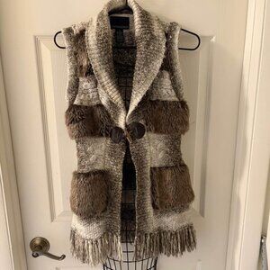 Vtg Cynthia Rowley Wms S Wool Blend Brown Faux Fur Knit Sweater Vest Fringe EUC